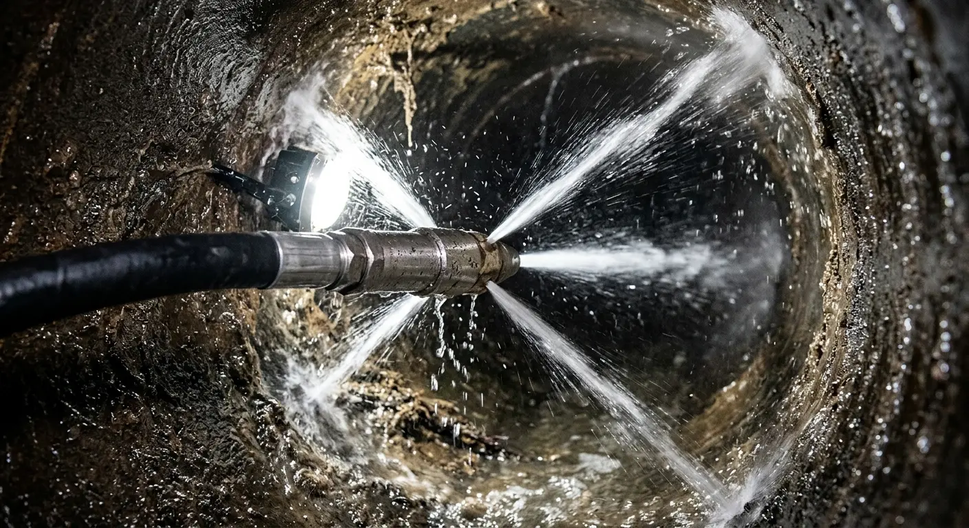 High-pressure hydro jetting nozzle cleaning sewer pipe for Emergency Drain Service in Pryor Creek
