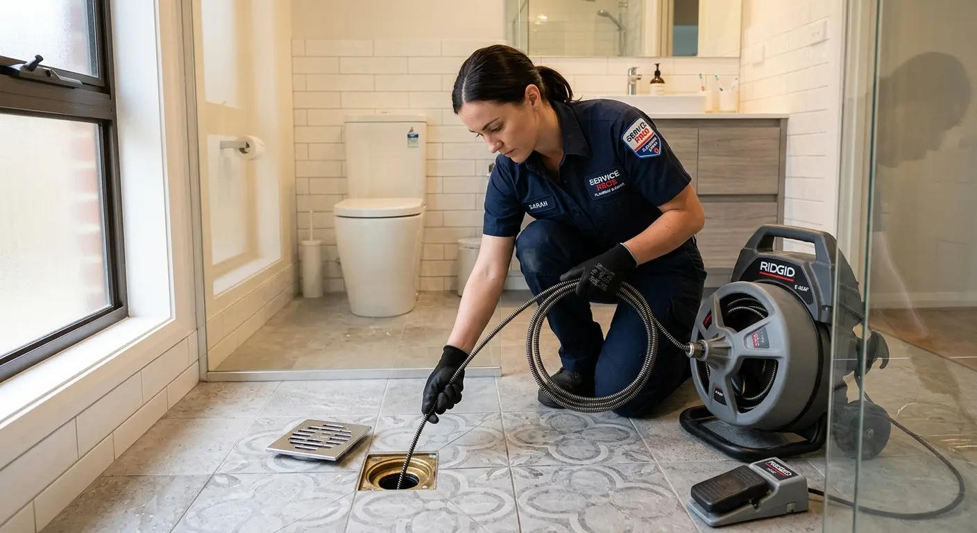 Technician clearing a bathroom floor drain for Sewer Line Replacement in Pryor Creek
